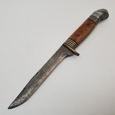 Vintage Old Japanese Made Hi-Test Hunting Knife Jigged Amber Brass