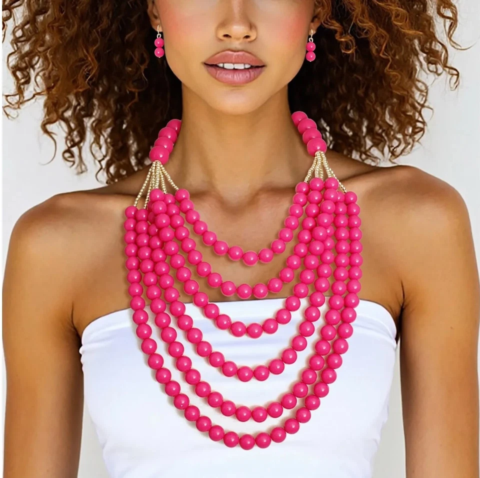 Pendientes collares drapeados llamativos con cuentas chapadas en oro rosa de capa larga