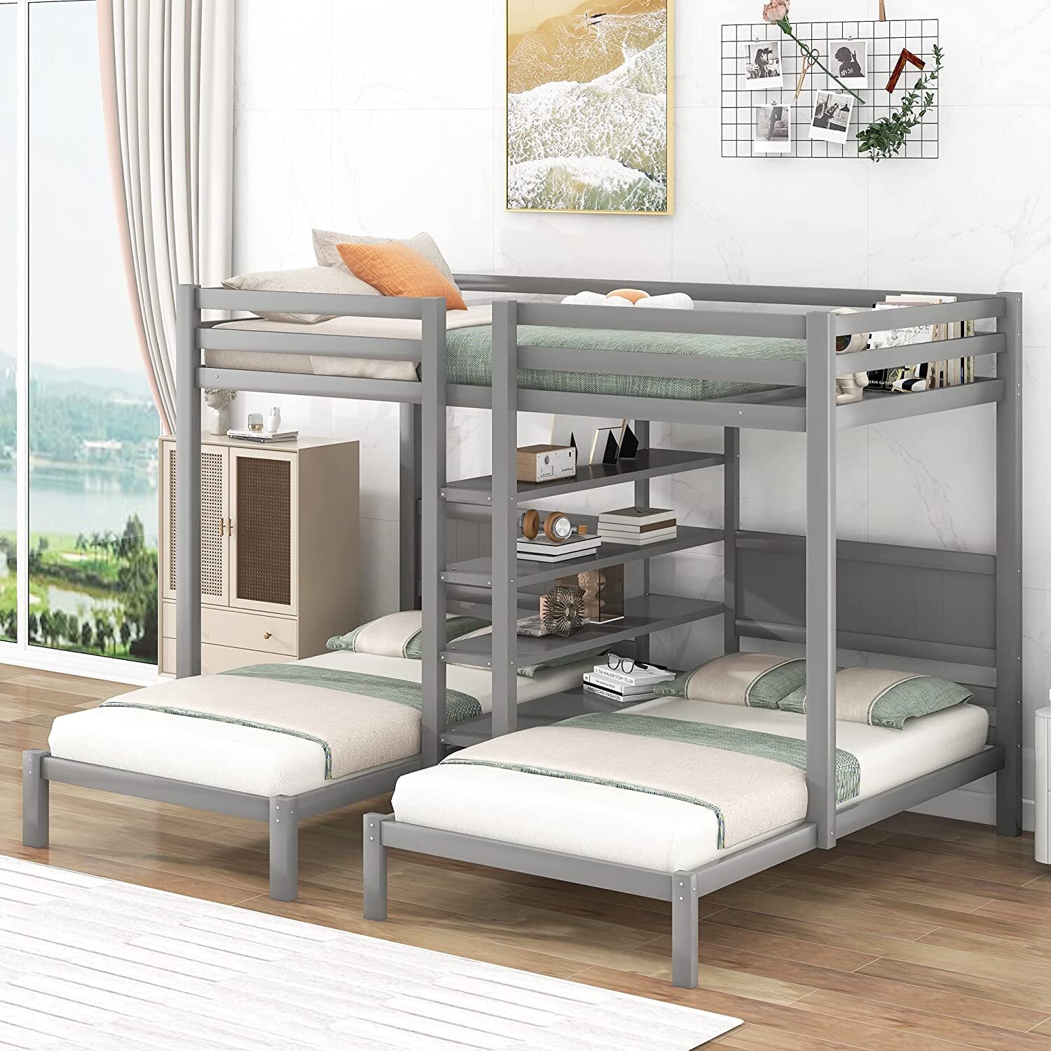 Solid Wood Triple Bunk Bed w/ Bookshelves Platform Bed Frames Guest Bed