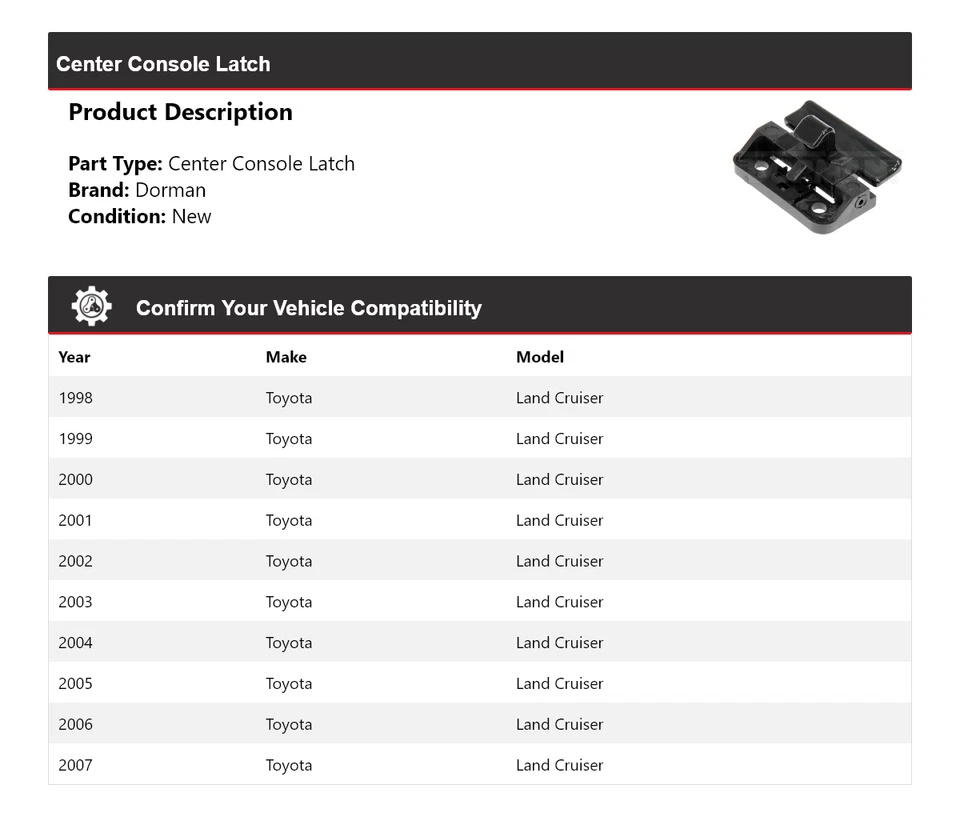For 1998-2007 Toyota Land Cruiser Dorman Center Console Latch 1999 2000 2001 - Image 2 of 4