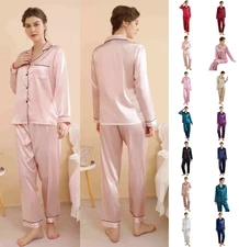 US Womens Ladies Silk Satin 2 pcs Long sleeves Pants Pajamas Set Pjs Loungewear