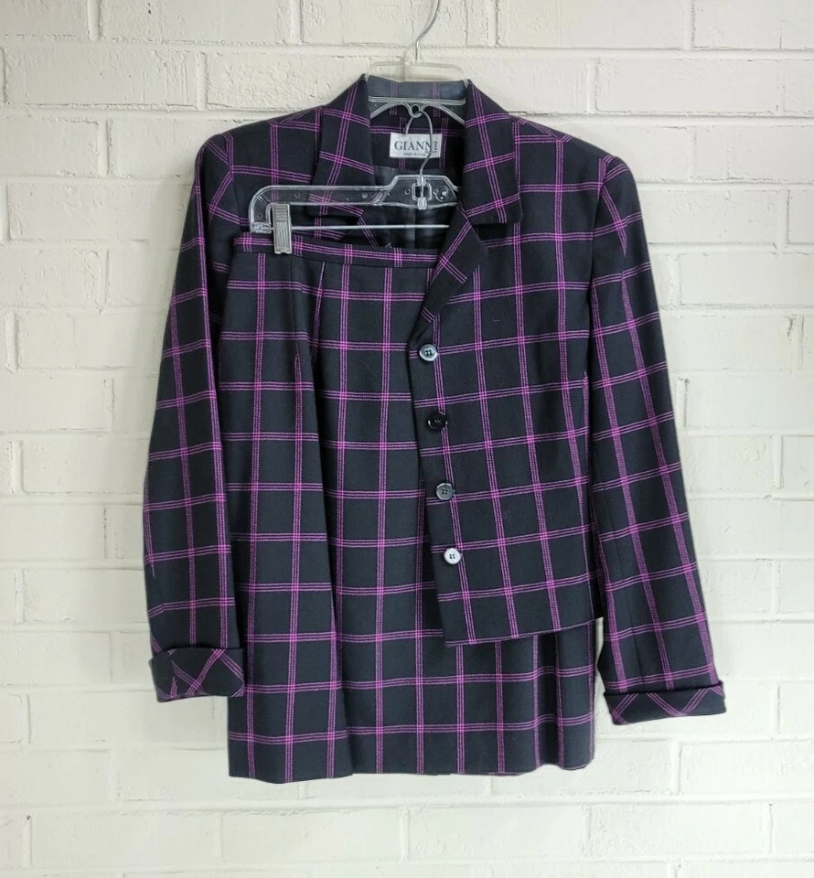 Conjunto de traje falda a rayas púrpura oscuro academia vintage 100 % lana blazer 10PSfirt 12P Foto 2 de 4