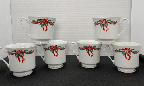 Vintage Fairfield 6" Coffee Tea Cup Mug Poinsettia & Ribbons Set of 6 Fine China