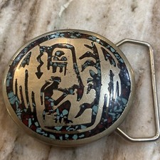 Vintage Native American Belt Buckle Crushed Turquoise Coral Round