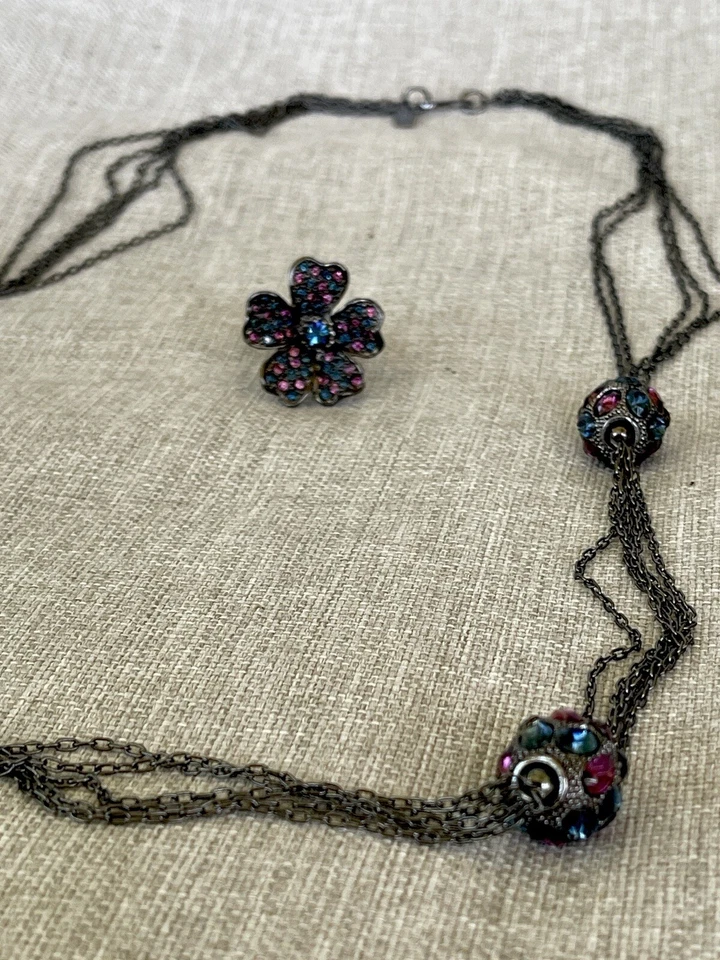 Collar y anillo de diamantes de imitación vintage raro Kenneth Jay Lane KJL Gunmetal Foto 3 de 4