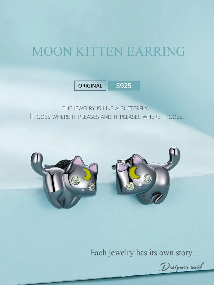 Brincos de prata esterlina 925 Wostu lua gato preto presente da sorte joias engraçadas femininas - Imagem 2 de 4