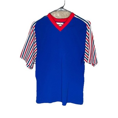 VTG 80s Mesh V-Neck T-Shirt Mens Medium Red White Blue Striped Sleeve 70s