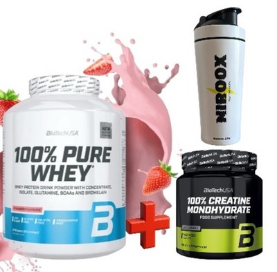 BioTech USA 100% PureWhey Protein 2270g- Erdbeer + Creatine300g+ EdelstahlShaker