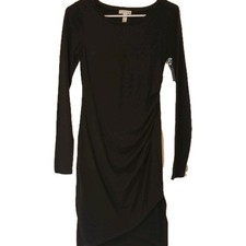 Leith Women SZ Small Dress Scoop Neck Long Sleeve Ruche Slit Little Black Dress