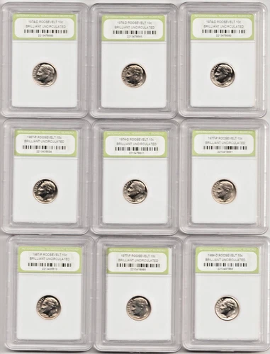 1974-1987 Old Roosevelt Dime Nice Uncirculated US Slabbed 9 Coin Collection Lot