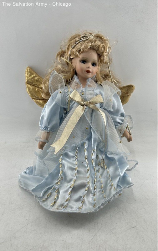 Blonde Curly Hair Blue Lace Dress Gold Wings Decor Porcelain Angel Doll