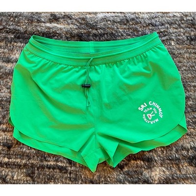 District Vision Mula Green Running Shorts large 3  split seam Sri Chinmoy 