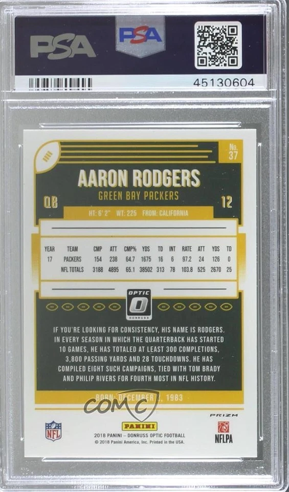 2018 Donruss Optic Holo Prizm Aaron Rodgers #37 PSA 9 MINT - Image 2 of 2