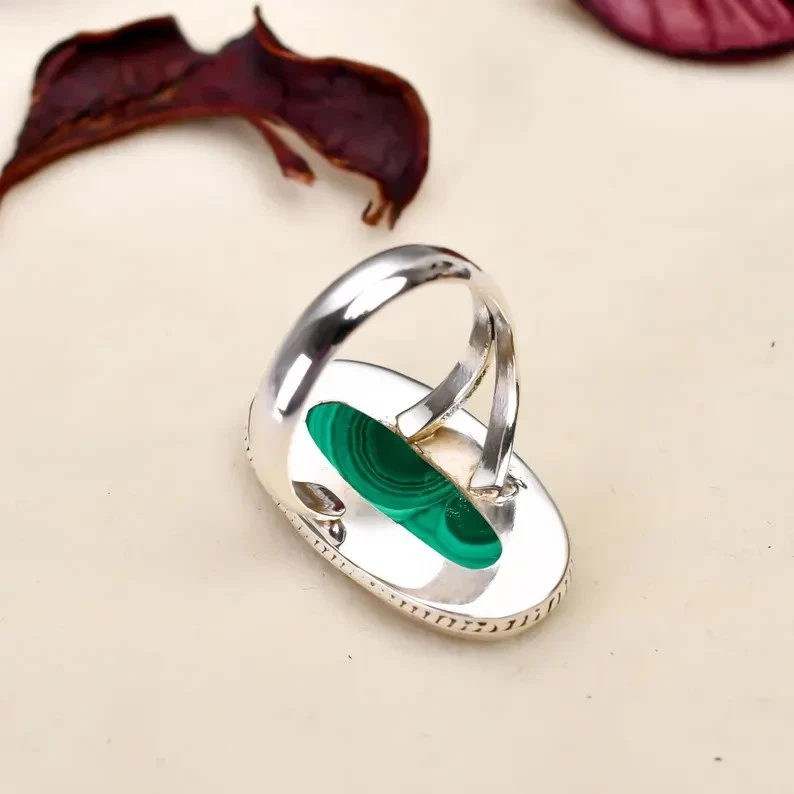 Anillo de piedra de malaquita sólida de plata de ley 925 anillo de regalo para madre todas las tallas R317 Foto 2 de 4