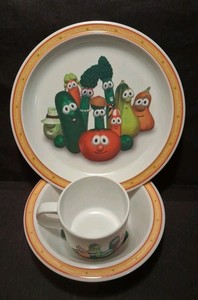 VTG Veggie Tales Bowl Plate Cup Set Revelations Melamine