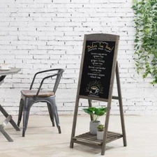 45-inch Gray Wood A-Frame Sidewalk Chalkboard Menu Sign w/ Bottom Display Shelf