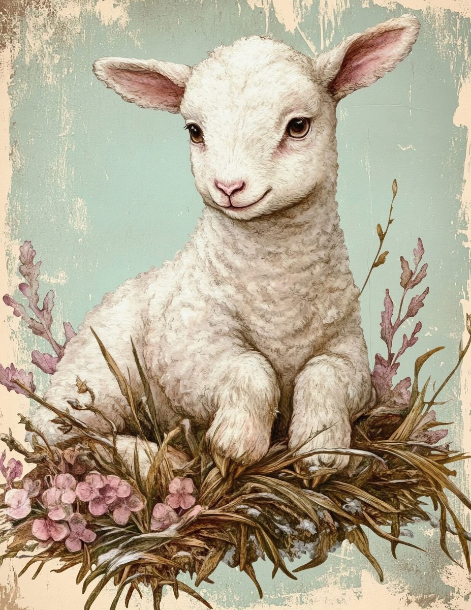 Vintage Shabby Chic Spring Lamb w. Flowers 8x10 Craft Cotton