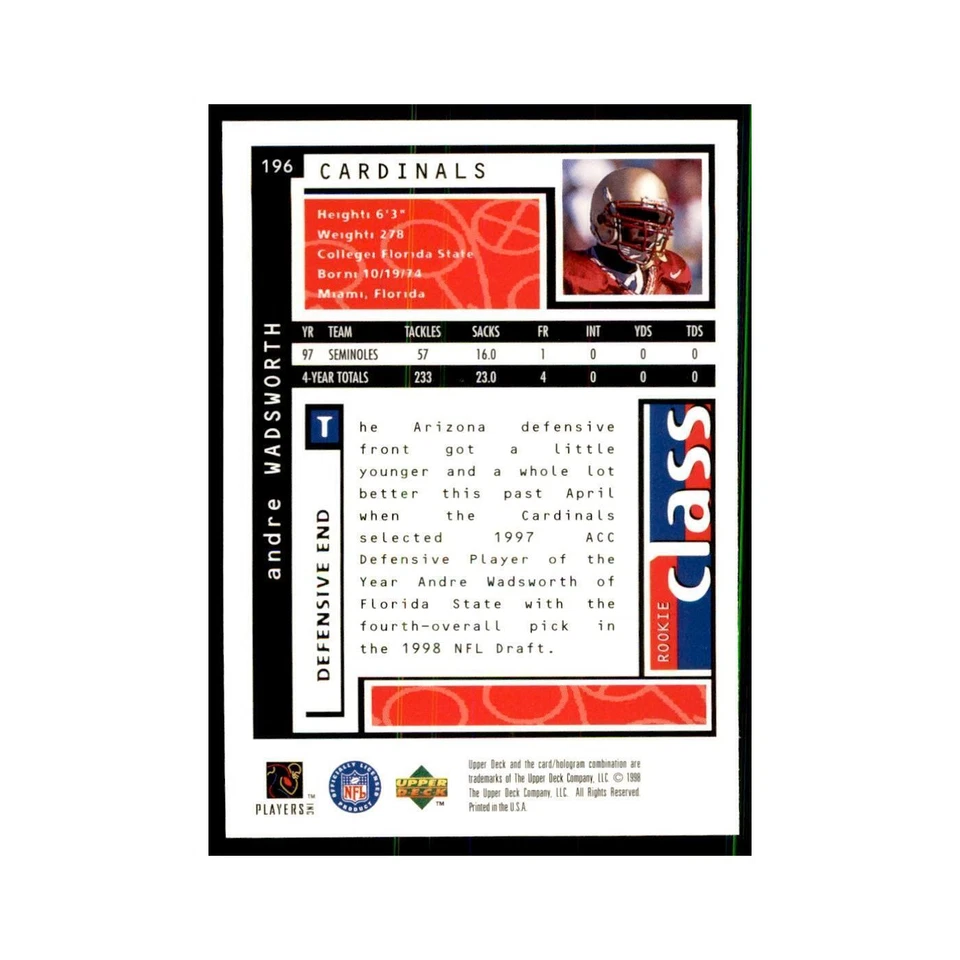 Andre Wadsworth Rookie 1998 UD Choice #196 Football Cards Football Card NM - Image 2 of 3