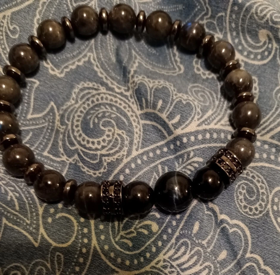 Pulsera elástica ojo de tigre azul, labradorita negra, hematita, gemas naturales Foto 2 de 4