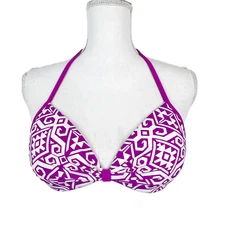 Hula Honey Bikini Top Women Medium Purple White Padded Halter Swim Beach