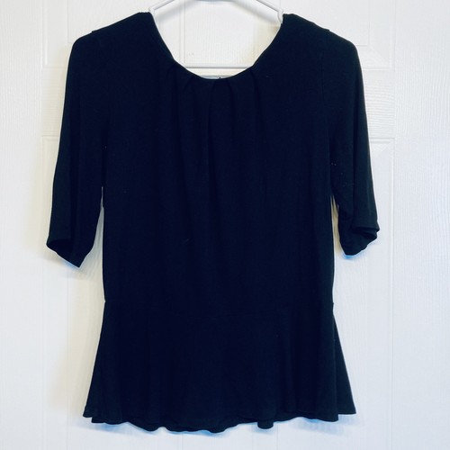 Liz Claiborne Women's Top Blouse Black Peplum Pullover 3/4 Sleeve Rayon Medium