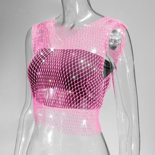 Rhinestones See-through Women Fishnet Tank Top Sexy Vest Mesh Crop Tops Babydoll - Picture 13 of 31