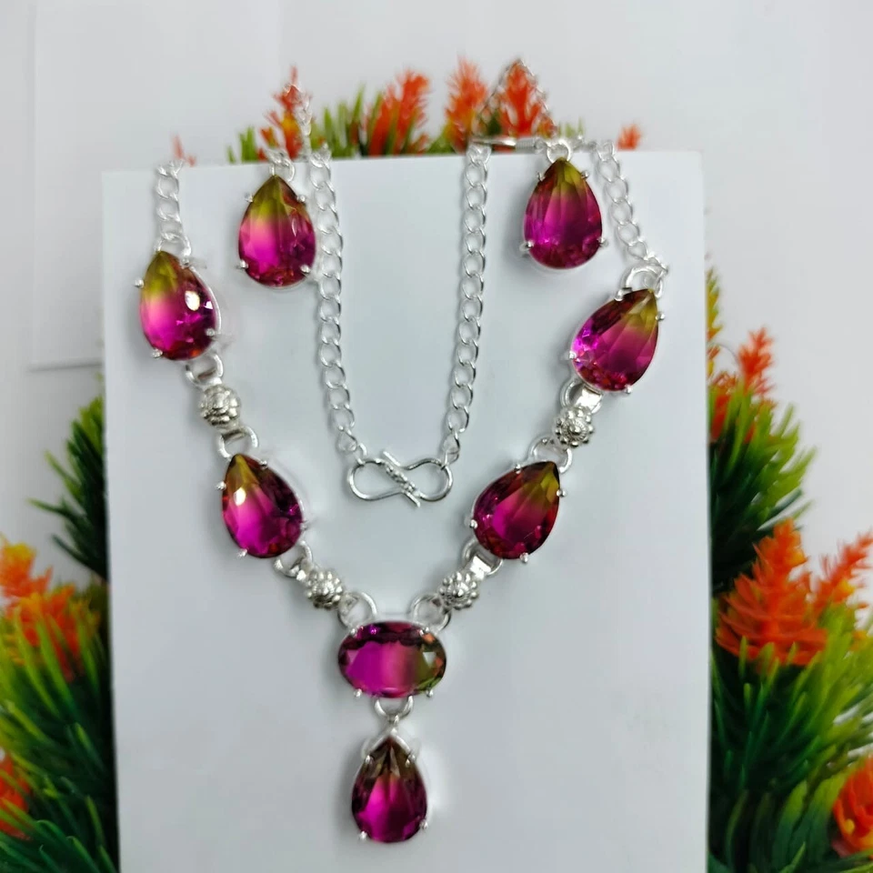 Watermelon Tourmaline Gemstone Silver Plated Earrings Necklace Jewelry Set - Image 2 of 3