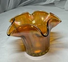 Vintage Uranium Base Carnival Orange Green Glass Ruffled 3x4 Bowl Iridescent