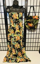Women’s Island Aloha Wear Black Tropical Floral Tube Dress sz M w/Matching Bag