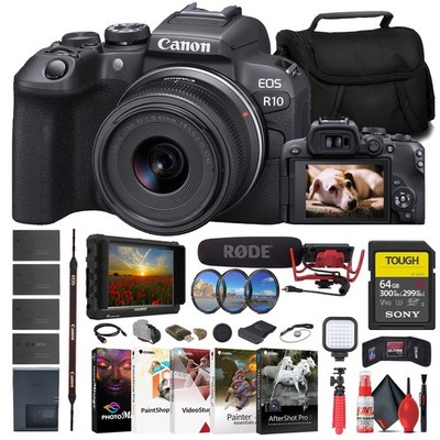 Canon EOS R10 Mirrorless Camera W/ 18-45mm Lens + 4K Monitor + VideoMic + More