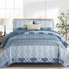 Boho Quilt Set Queen Size, 3 Pieces Navy Blue Boho Striped Bedspread Coverlet...