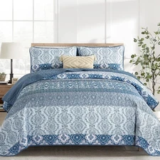 Boho Quilt Set Queen Size, 3 Pieces Navy Blue Boho Striped Bedspread Coverlet...