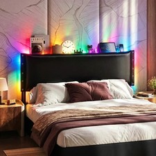 Headboard for King/Queen/Full Size Bed with Storage Shelf & Outlets & RGB Light
