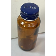 Amber Glass Bottle Pfizer Pharmaceutical Medicine Rx Metal Top Empty Vintage