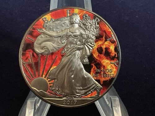 2017 1oz Silver Liberty Eagle.  “Burning Dollar Sign”.  Coloured. In Capsule.