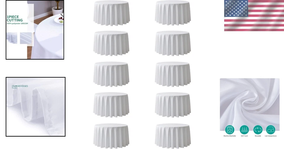 White Round Tablecloths - 120" Polyester Fabric (10 Pack) - Image 2 of 4