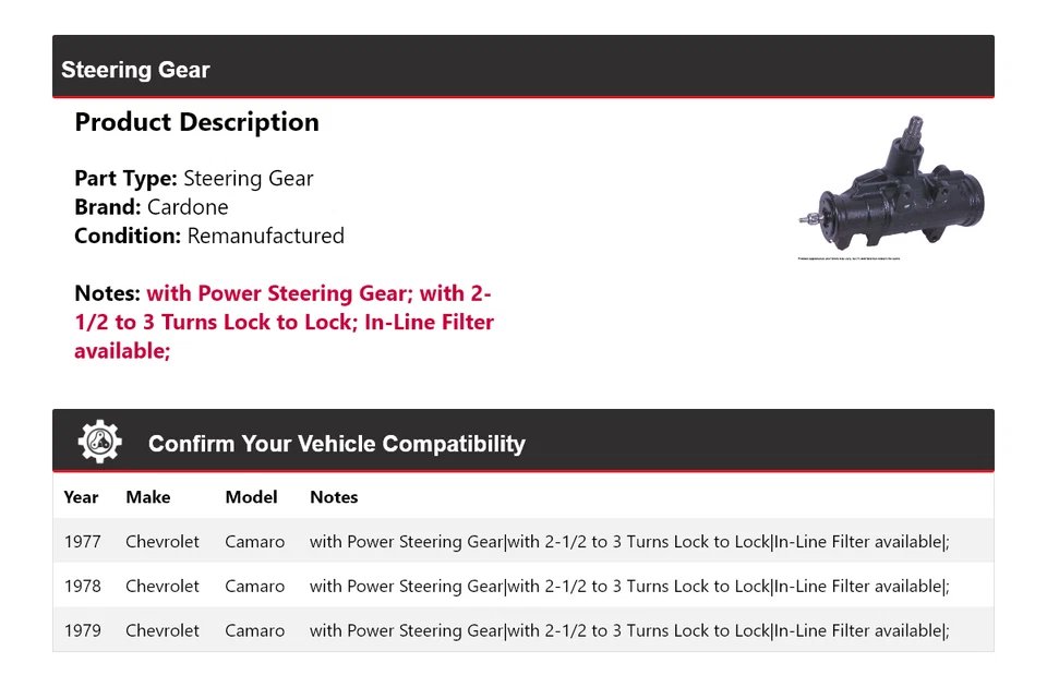 Engranaje de dirección Cardone 1978 para Chevrolet Camaro 1977-1979 Foto 2 de 4