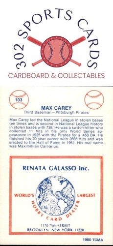 1977-84 Galasso Glossy Greats #103 Max Carey - Picture 2 of 2