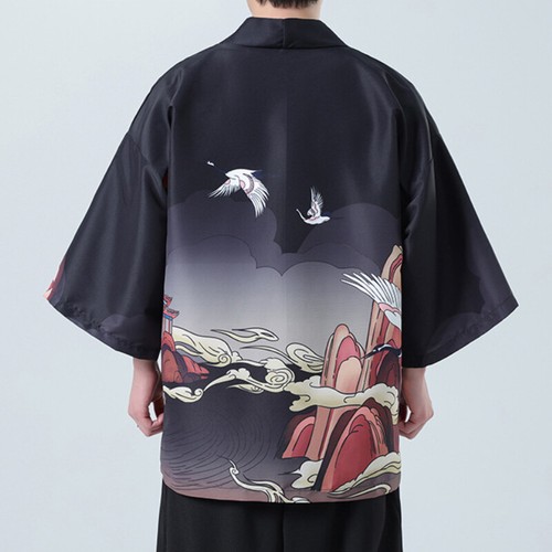 Men Kimono Jacket 3/4 Sleeve Loose Japanese Yukata Crane Bathrobe Outwear Jacket - Picture 6 of 10
