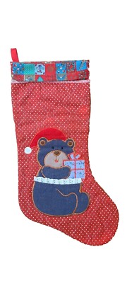 Vintage Avon Christmas Stocking Denim Bear Quilted Red Polka Dot 16 In