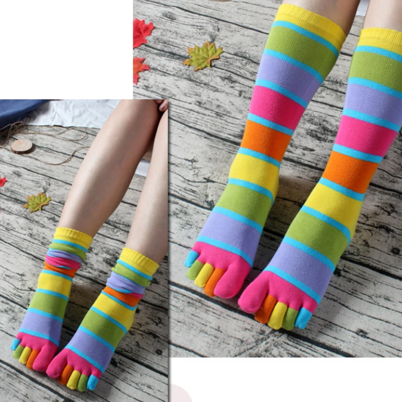 Women Toe Socks 3 Pairs Cotton Blend Rainbow Stripe Mid Calf Five Finger Socks - Image 2 of 4