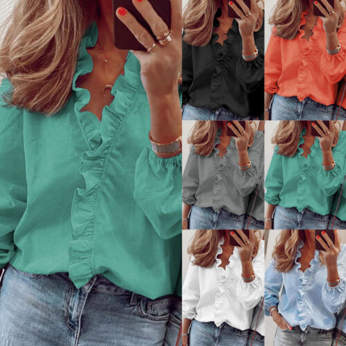 Women's Long Sleeve Ruffle Button T Shirt Ladies Casual Loose Solid Tops Blouse