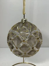 Frontgate Glass hand embellished clear, opaque, gold large ornament W￼/ Indents