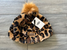 UGG WOMENS FAUX FUR BEANIE WITH POM POM, NATURAL SPOTTY, NWT, ONE SIZE