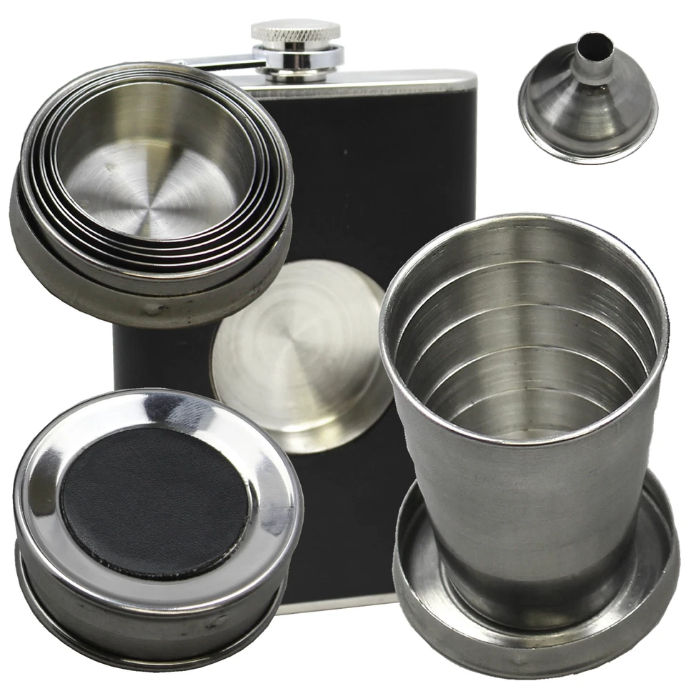 NEW 8 oz Stainless Steel FLASK  Leather Wrapped SS Funnel & Shot Glass Built In - Image 3 of 4