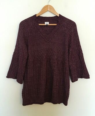 Cabi Womens Sz M Pullover Sweater Burgundy Cableknit Bell Sleeve Chime  #4066
