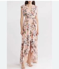 Eliza J Maxi Dress Women Size 4 Blush Pink Floral Ruffle High Low Belted EJ87617