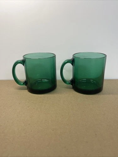 2 Vintage Emerald Green Glass Mugs