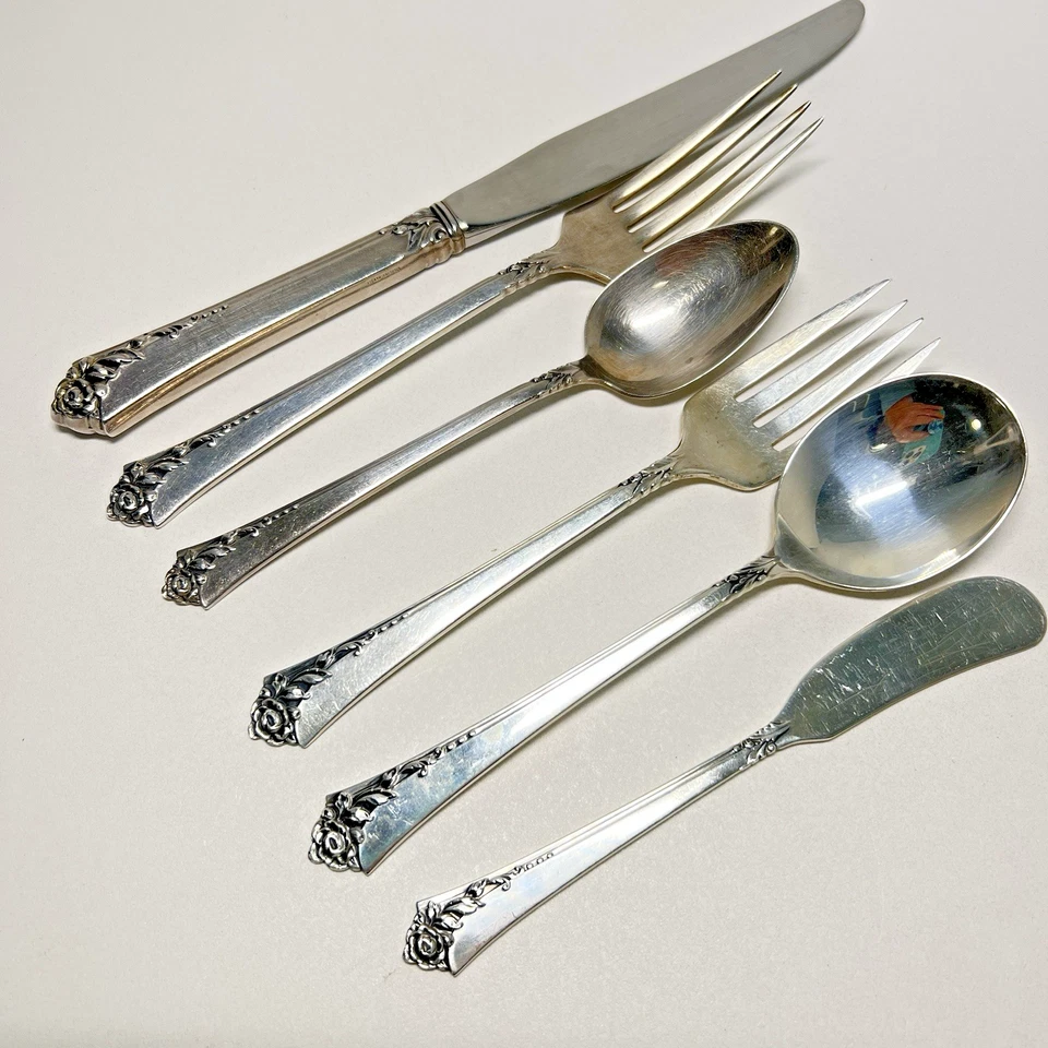 Reliquia de plata esterlina rosa damasco 6 piezas ajuste de lugar Oneida 8,6 oz 1946- Foto 4 de 4