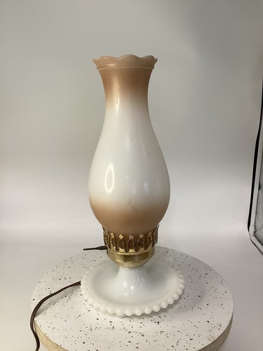 Milk Glass Hurricane 13.5” Lamp Brown Floral Design Globe Bedside Table Lamp - Picture 3 of 3